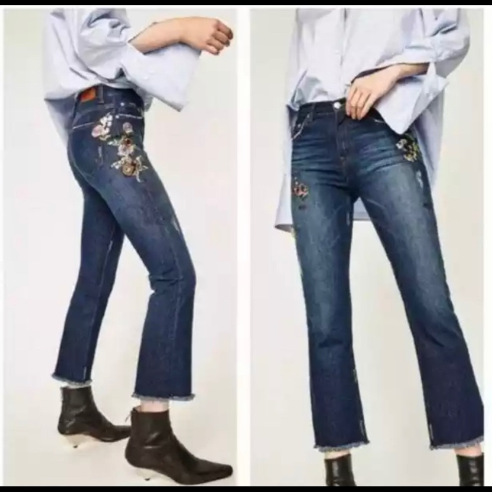 ZARA WOMAN Bootcut Embroidered Floral Jeans Ladybug Size 2 Cropped